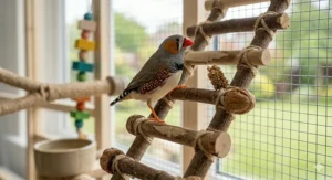 A small, untreated wooden ladder toy that encourages natural climbing behaviour in finches.