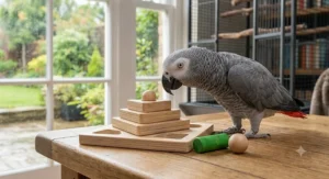 A detailed photorealistic close-up of the African Grey parrot examining the tiered wooden logic tower puzzle from the hero image.