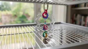 Enrichment acrylic bird toys featuring sliding plastic beads and stainless steel chains for busy beaks.