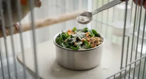 Sprinkling avian calcium powder over fresh green vegetables and seeds in a food bowl.