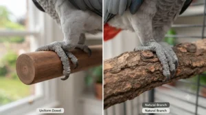 Comparison of ergonomic grip on natural branch perches versus smooth, uniform dowels.