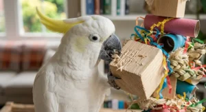 Close-up of a cockatoo biting and splintering a large balsa wood block on a hanging enrichment toy.