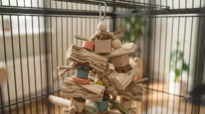 A complex, hanging parrot toy constructed from interlocking untreated bamboo blocks and smooth hardwood pieces strung on a thick jute rope within an enclosure.