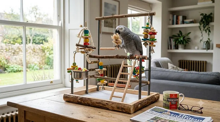 A colourful and sturdy best bird play gym set up in a living room, featuring natural wooden perches and safe toys for pet birds. best bird play gym