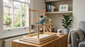 A compact and affordable bird play gym suitable for smaller spaces and budgies.