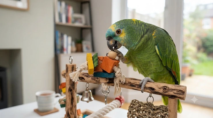 Vibrant collection of safe, chewable toys for Amazon parrots displayed on a wooden perch. toys for amazon parrots
