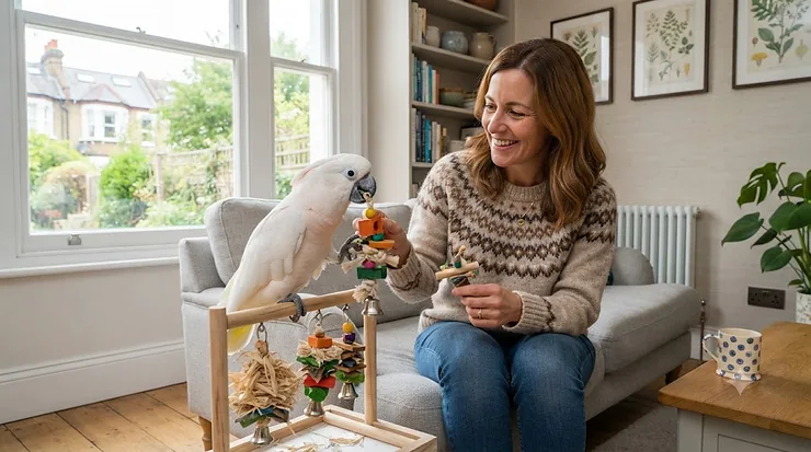 A woman interacting with a Moluccan cockatoo in a British home setting, using a variety of colourful, engaging enrichment toys. toys for cockatoos