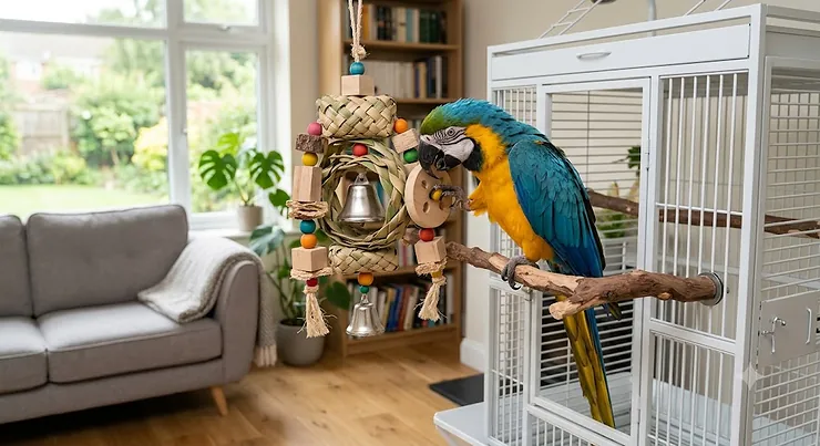 A colourful macaw playing with a durable, interactive enrichment toy, perfect for keeping pet birds mentally stimulated. toys for macaws