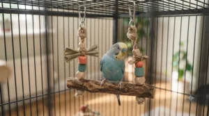 A Budgerigar perched on a swing made from a natural, irregularly shaped Java wood branch, suspended by unbleached sisal rope and decorated with small, safe wooden elements.