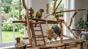 A wooden climbing ladder and swing set on a bird play gym.