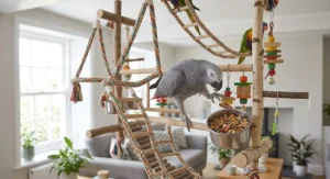 Hanging bird play gym featuring built-in foraging toys for mental stimulation.
