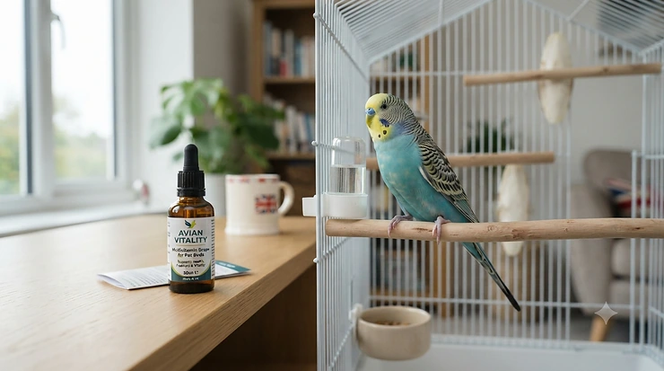 A bottle of avian multivitamin drops next to a happy budgie in a cage, supporting pet bird health and vitality bird multivitamin drops