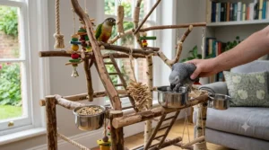 Integrated stainless steel food and water bowls on a bird stand.
