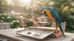 A stimulating bird play gym equipped with foraging toys to keep pet birds mentally active.
