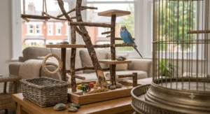 A colourful bird swing and rope climbing ladder on a tabletop activity centre.