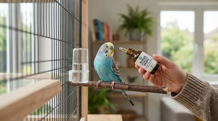 Bottle of budgie vitamin drops next to a happy parakeet on a perch, representing affordable avian healthcare under fifteen pounds. budgie vitamin drops under £15