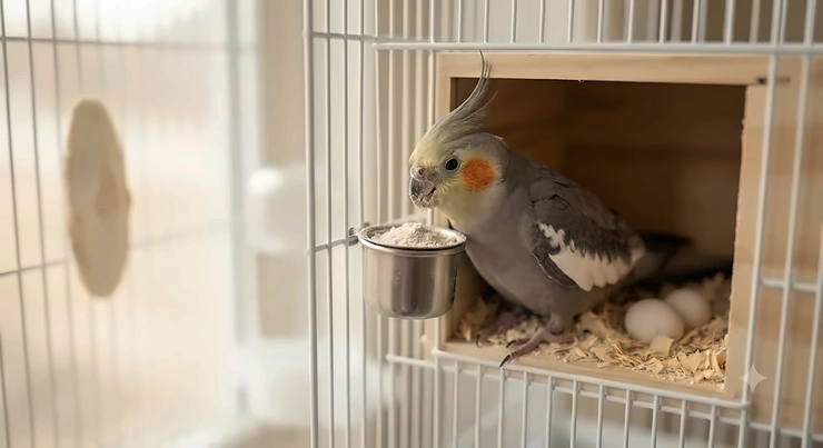 A breeding cockatiel hen near a nesting box receiving necessary mineral supplementation for eggshell strength. cockatiel calcium supplement buy