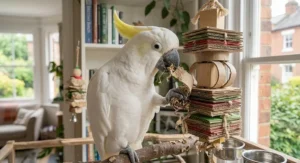 A cockatoo using its beak and foot to peel and tear cardboard layers from a multi-coloured hanging toy.