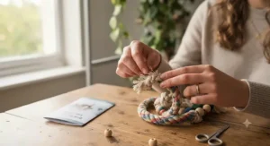 A close-up photograph focusing sharply on a person's hands conducting a safety inspection on a worn, multi-coloured cotton rope bird perch. The fingers, one wearing a simple silver ring, are gently probing a frayed section and a loose knot on the toy to check for potential entanglement hazards from loose threads. The toy shows signs of loving use by a pet bird. On the wooden table in the blurred background lies a leaflet titled "Bird Toy Safety Guide".