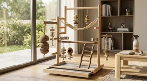 A 4K photorealistic close-up capturing the premium natural wood and modular foraging toys of a clean parrot activity centre under bright natural daylight. The removable plastic base tray is visible and pristine, and a microfibre cloth and cleaning spray are neatly placed on an adjacent table.