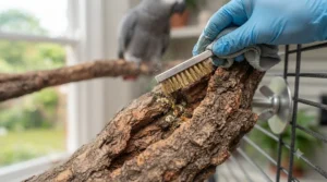 Demonstrating easy maintenance and cleaning of a durable, natural hardwood parrot perch.