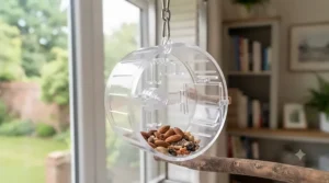 Clear acrylic foraging bird toy with sliding doors for treats, helping stimulate natural problem-solving behaviour.