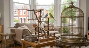 Compact tabletop bird play gym set up on a desk for easy interaction.