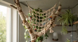 A large, custom-built avian climbing frame dominates the view inside a bright indoor enclosure. It is constructed from natural, sanded hardwood branches securely wrapped with thick, durable, natural cotton rope to form a complex cargo net. Several small, colourful wooden shapes are attached to the net for enrichment. A small budgerigar is perched momentarily on one of the central knots, exploring the structure. The background shows wire mesh and healthy potted houseplants under soft, natural light.