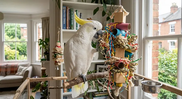 Sulphur-crested cockatoo shredding a large destructible toy made of cardboard and wood in a sunlit UK living room. destructible toys for cockatoos