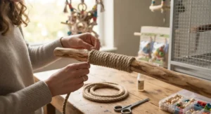 A close-up shot of a person's hands in a sunlit craft workshop, actively engaged in making a bespoke bird perch. They are winding a thick, textured natural sisal rope tightly and evenly around a clean, sanded natural hardwood branch. The hands, similar to those in image_1.png and image_4.png, demonstrate careful technique, ensuring a secure grip for avian feet. A small bottle of clear, non-toxic glue, a coil of the sisal rope, and sharp crafting scissors rest on the rustic wooden workbench. Natural light fills the background, showing glimpses of other bird toys.
