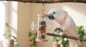 A cockatoo holding a small, durable foot toy while interacting with an interactive puzzle feeder to stimulate its intellect.