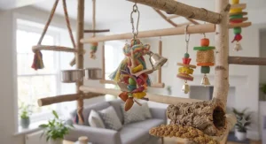Close-up of durable sisal rope sections on a hanging bird play gym.
