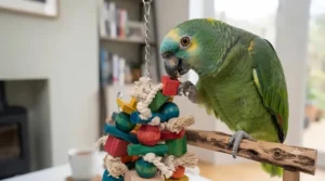A robust, colourful wooden chew toy designed to keep an Amazon parrot’s beak trimmed and healthy.
