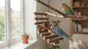 Flexible natural wood bird ladder toy providing climbing enrichment for pet birds.
