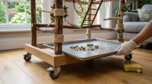 A detachable drip tray for easy cleaning of a bird play gym.