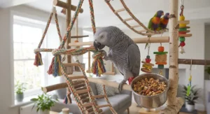 Durable steel hook used for securely installing a hanging bird play gym.