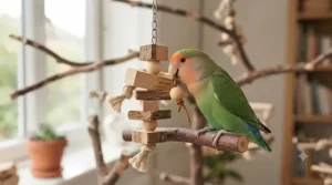 Eco-friendly natural wood foraging toy filled with treats for large parrots.