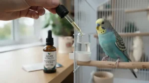 Infographic showing essential vitamins found in liquid bird supplements for feathers and immune support