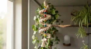An intricate, colourful bird bungee rope toy hangs vertically inside a spacious indoor aviary. The toy is made of tightly woven cotton rope in pastel shades of blue, green, and yellow, forming a flexible coil. It is decorated with multi-coloured wooden beads and blocks, offering a stimulating climbing and balancing challenge for parrots. The background is a soft-focus blend of lush green, non-toxic aviary plants and wire mesh, bathed in diffused natural light.