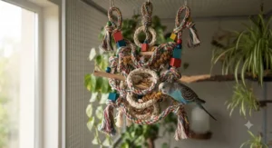A detailed, custom-designed foraging bird toy made of tightly coiled, multicoloured cotton rope, sisal rings, and natural wooden elements hangs suspended in an aviary. The complex structure features various loops and crevices where small treats like dried mealworms and millet seeds are hidden. A curious Budgerigar, identical to the one in image_2.png, is perched on a lower section, actively using its beak to investigate and extract a reward from the rope fibres.