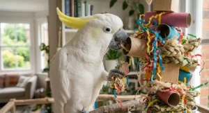 Close-up of a cockatoo holding and shredding a cardboard tube and crinkly paper from a complex toy.