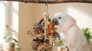 A cockatoo curiously investigating a wooden foraging toy filled with natural materials and snacks, set in a bright, natural-light environment.