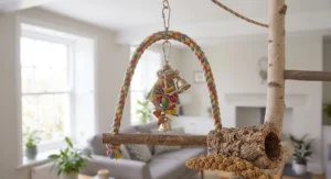 Hanging bird play gym suspended in a bright corner to save floor space.