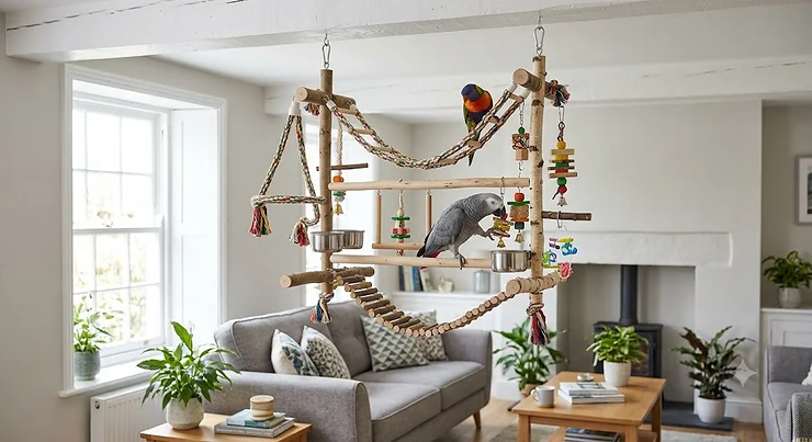 Large hanging bird play gym with natural wooden perches and colourful rope swings. hanging bird play gym