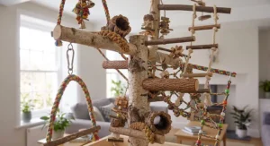 Full view of a hanging bird play gym inside a spacious aviary setting.