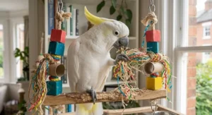 Close-up of a cockatoo pulling and preening colourful, shredded sisal fibres and natural rope on a large toy.