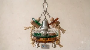Multi-textured hanging toy with tough rope and wood blocks for sensory play.