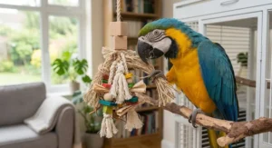 A large, colourful hanging toy for macaws attached to a cage, suitable for active, climbing parrots.
