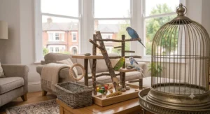 A small pet budgie playing on a wooden tabletop bird gym.