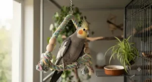A healthy, grey cockatiel with a prominent yellow crest and bright orange cheek patches sits comfortably and securely on a colourful cotton rope swing toy. The swing is crescent-shaped, made of thick, braided cotton rope in soft pastel shades (pink, blue, yellow, green), accented with smooth, natural wooden beads. It hangs suspended by a metal chain inside a clean, well-equipped wire bird enclosure. In the softly blurred background are a potted spider plant and a ceramic food dish, bathed in soft, natural daylight from a nearby window.
